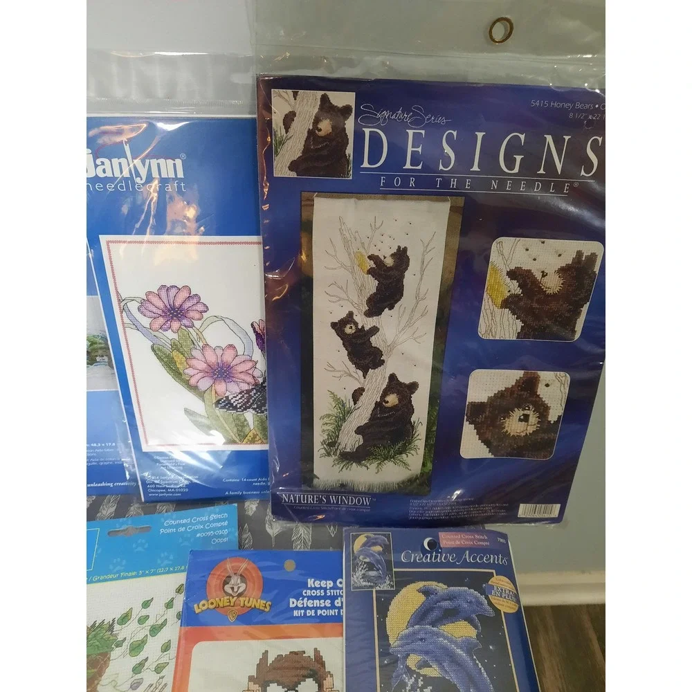 Bundle 90s Y2k Vintage Janlynn Cross Stitch Kits with 2 Hoops